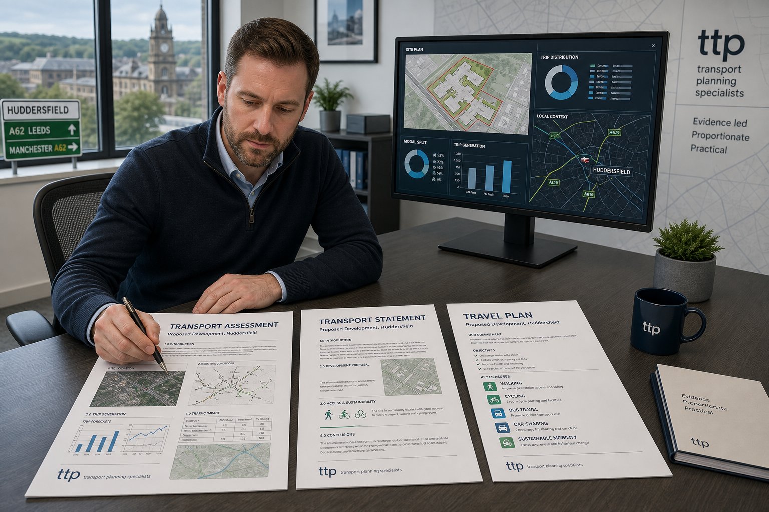 Traffic engineer reviewing transport reports in a modern UK office.