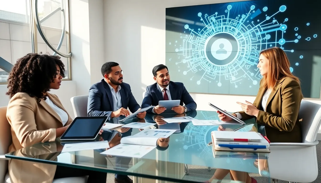 diverse professionals collaborating on complex systems in a modern office.