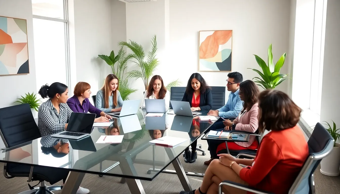 teachers brainstorming side hustle ideas in a modern office setting.