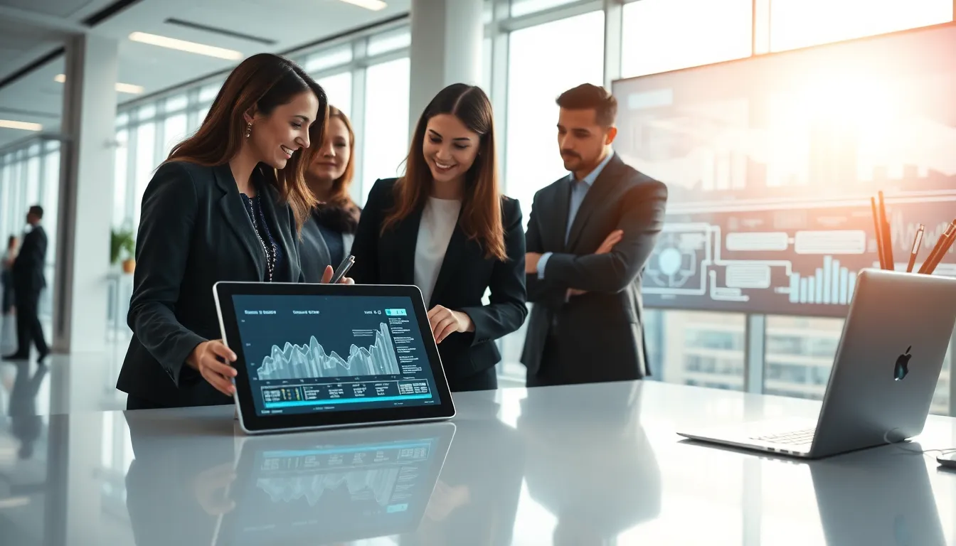 diverse team discussing technology in a modern office setting.