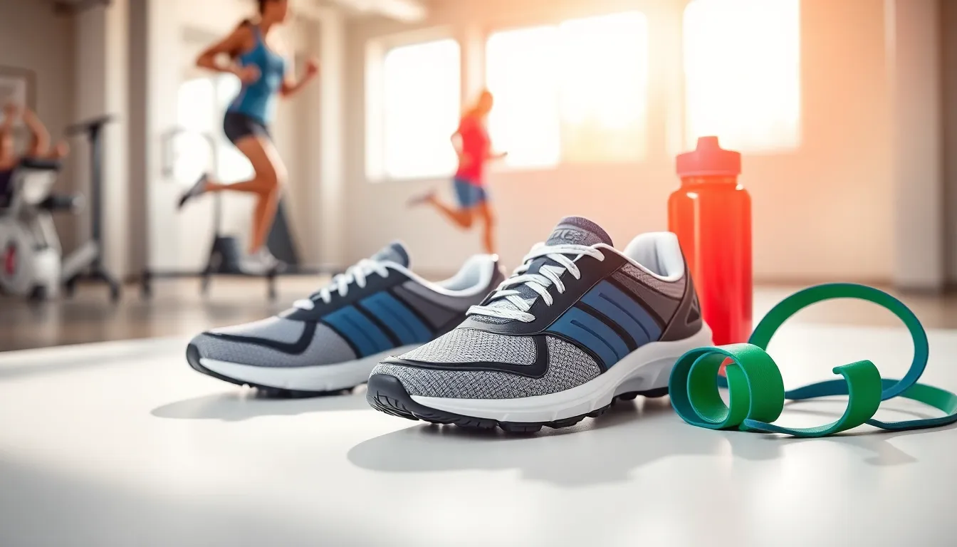 women's cross training shoes on a clean surface with fitness accessories.