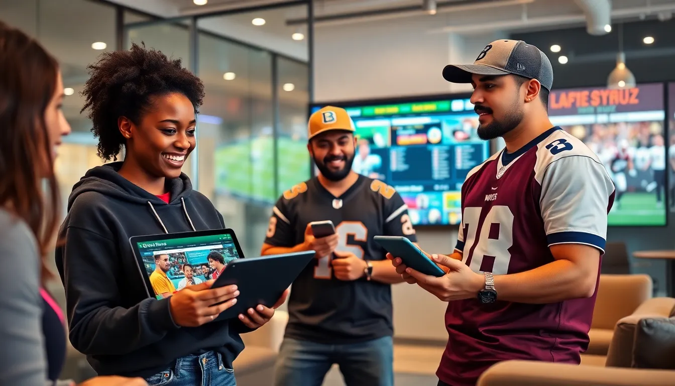 a diverse group discussing sports news on digital devices in a modern office.