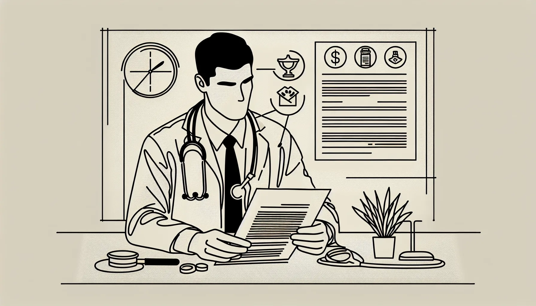 A veterinarian at a desk closely reviewing a contract with icons for pay, schedule, and noncompete.