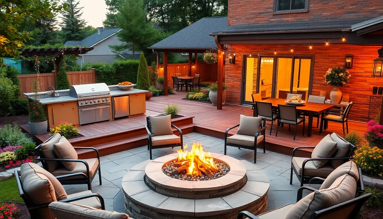 large backyard with a deck, outdoor kitchen, and cozy fire pit.