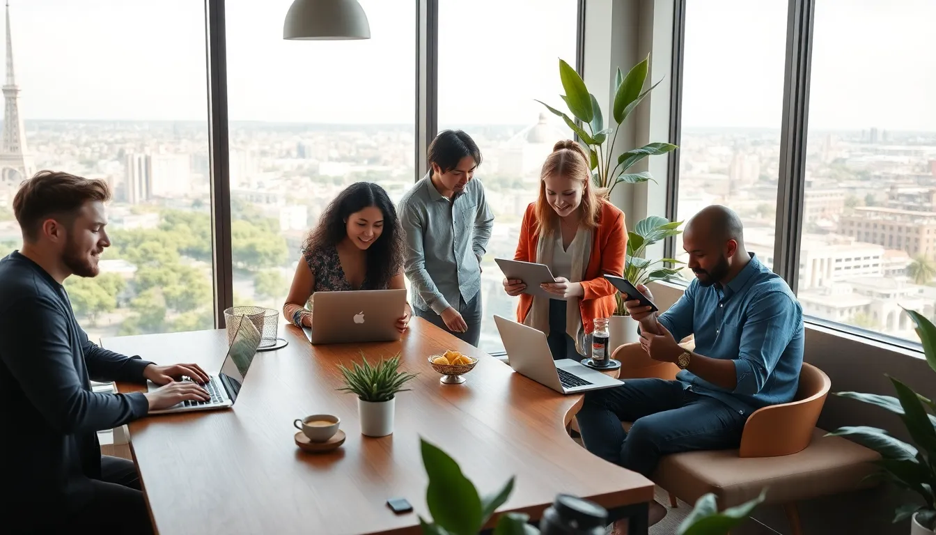 diverse digital nomads in a modern co-working space.
