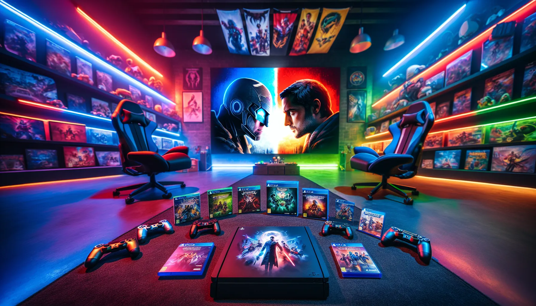 a gaming setup showing PlayStation and Xbox games and controllers.