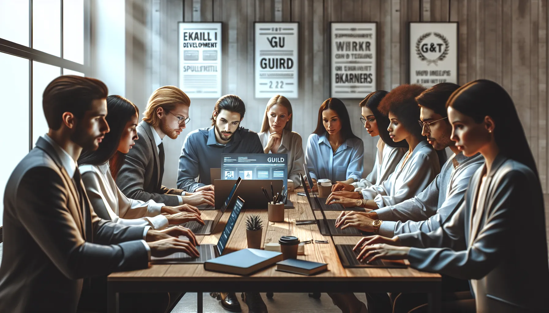 diverse professionals collaborating around laptops in a modern office.