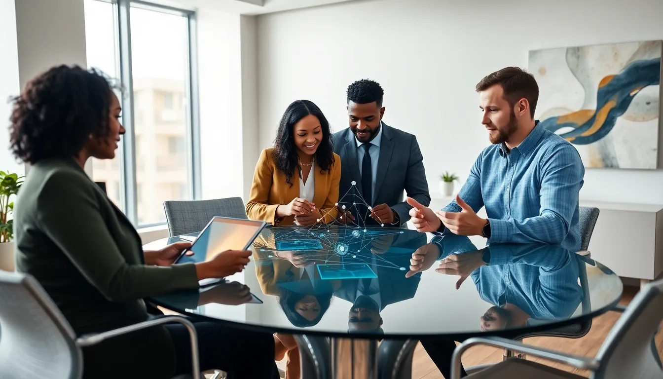 diverse professionals collaborating in a modern office about technology.