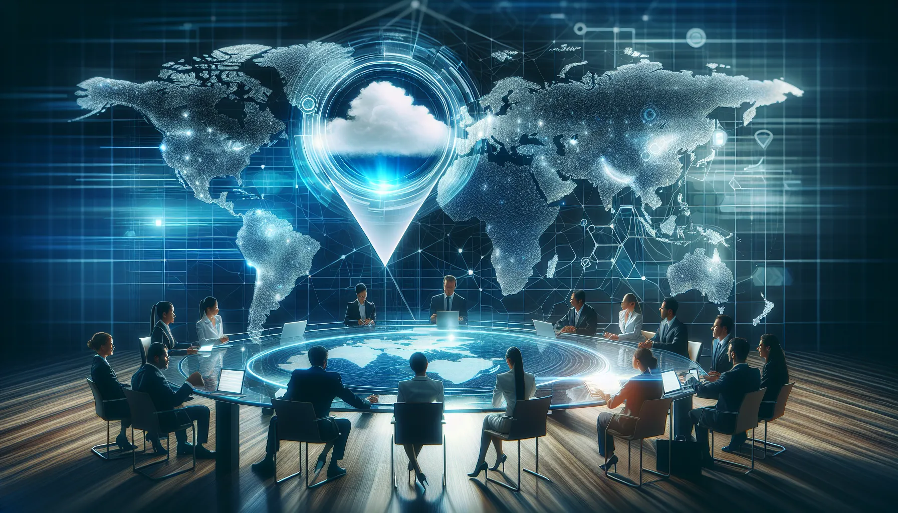 Professionals discussing IP address geolocation in a modern office.