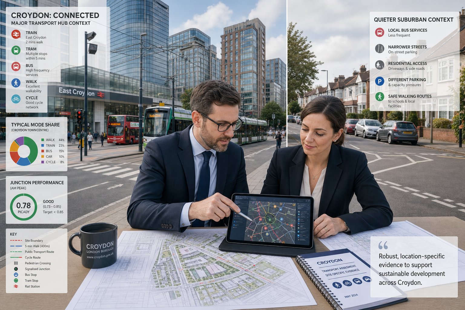 Traffic engineer reviewing Croydon transport plans across urban and suburban sites.