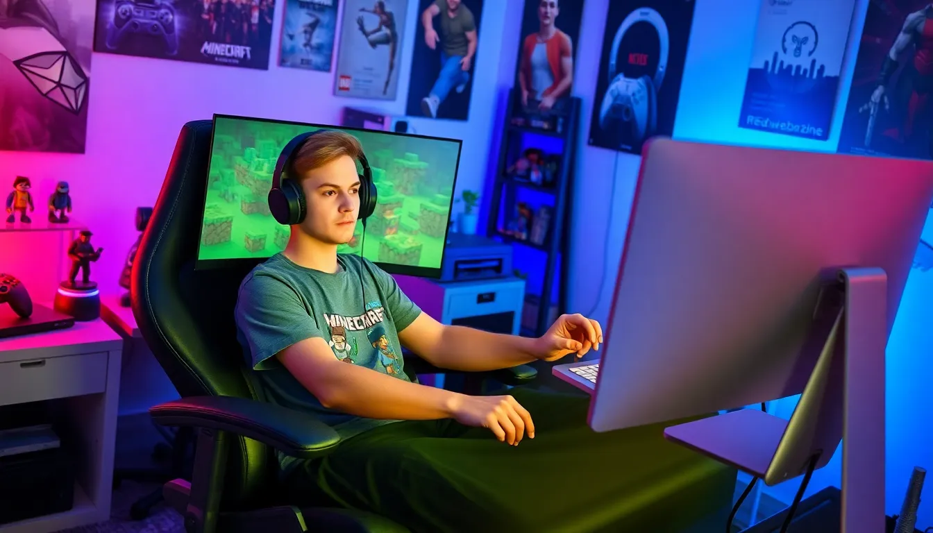 a gamer playing Minecraft and reading Redwebzine articles in a cozy room.