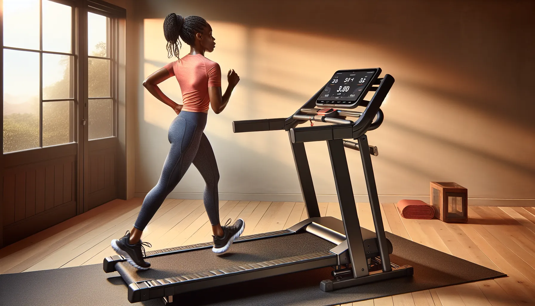 Woman jogging on a folding home treadmill with a basic console and incline.