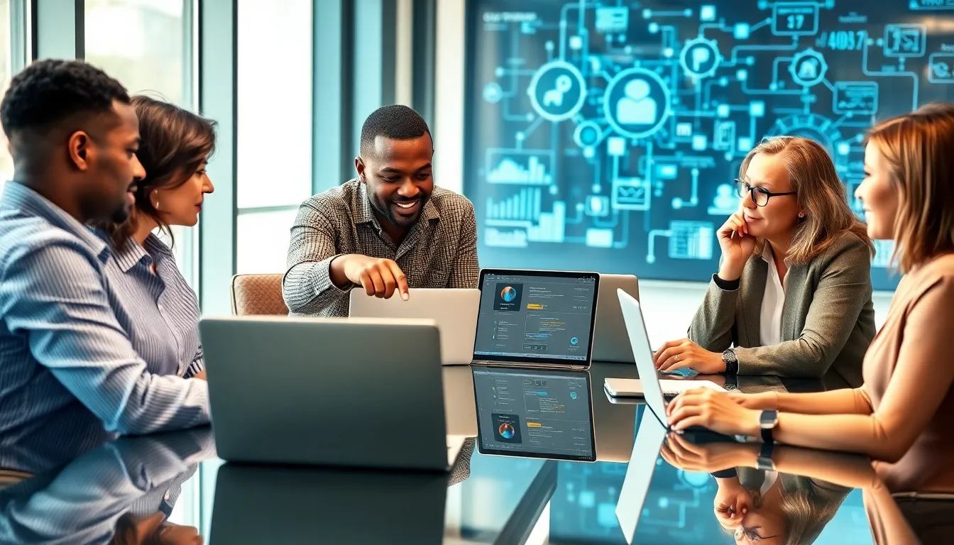 diverse team collaborating on a digital solution in a modern office.