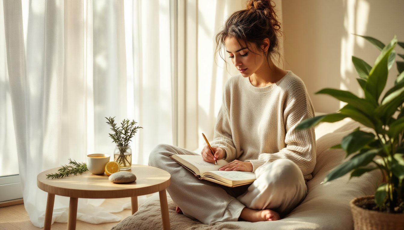 A woman journaling by a sunlit window with herbal tea, reflecting mindfully.