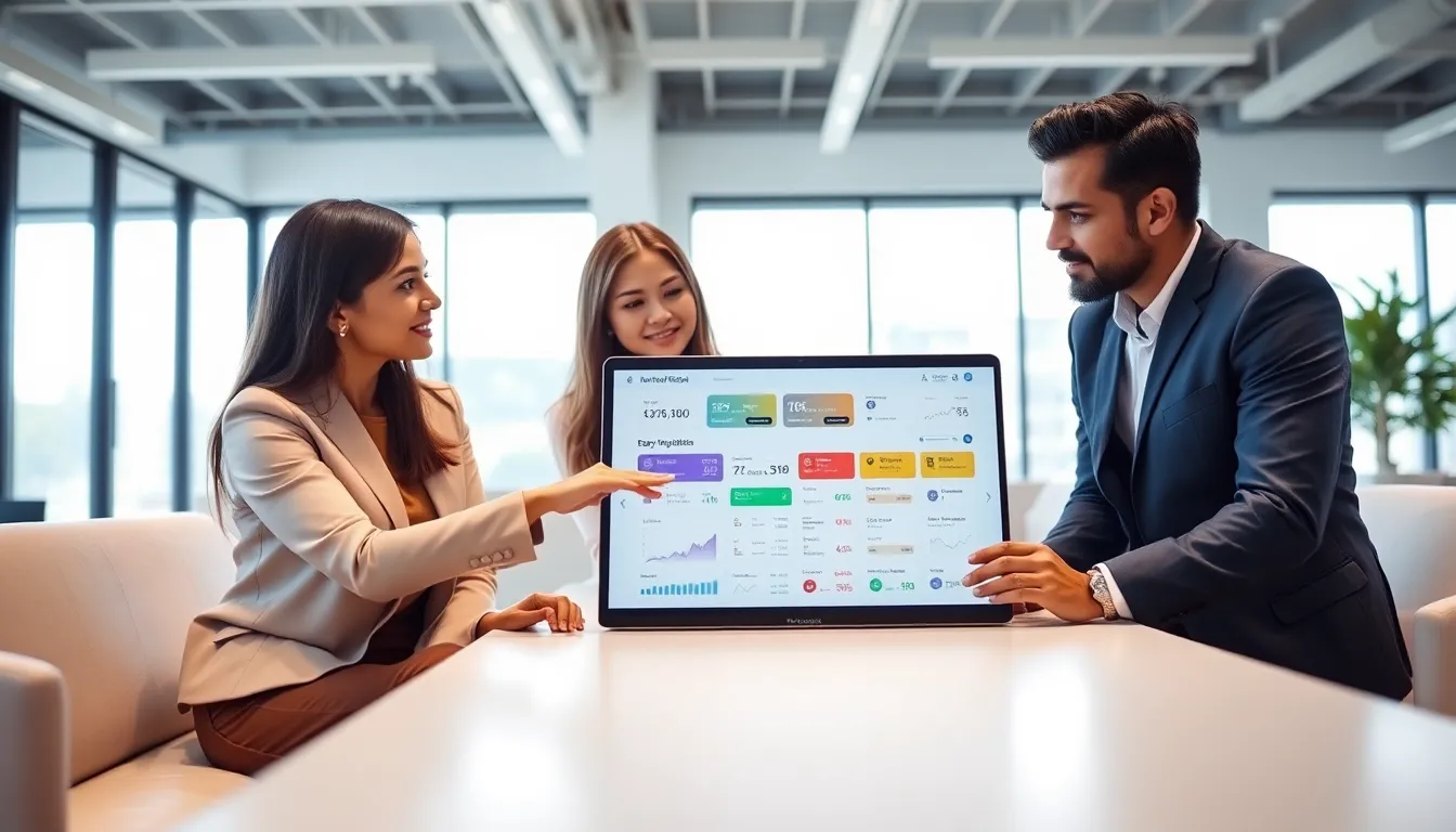 diverse professionals discussing an investment platform in a modern office.