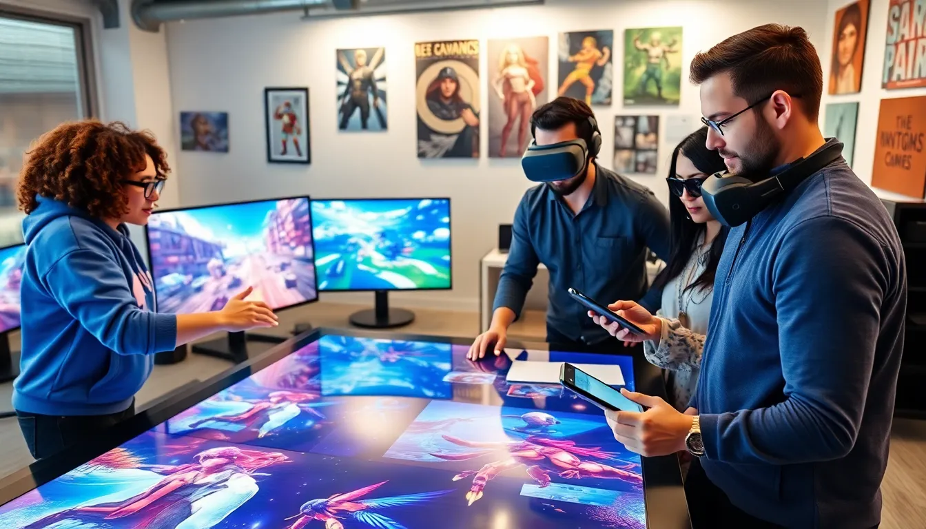 a diverse group collaborating in a modern gaming studio with digital screens.