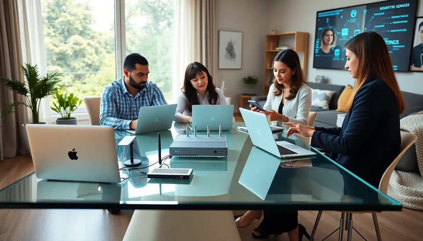 diverse team collaborating in a modern home office on networking solutions.