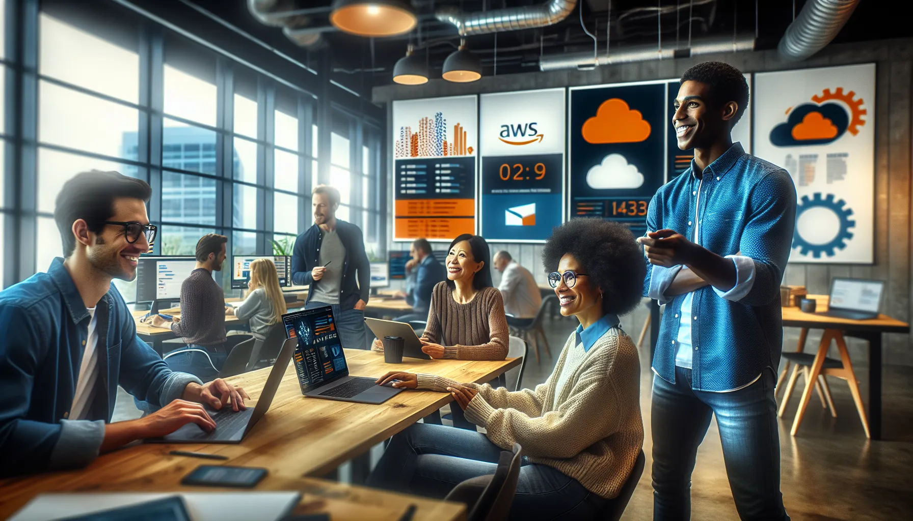 professionals comparing AWS and Azure in a modern office setting.