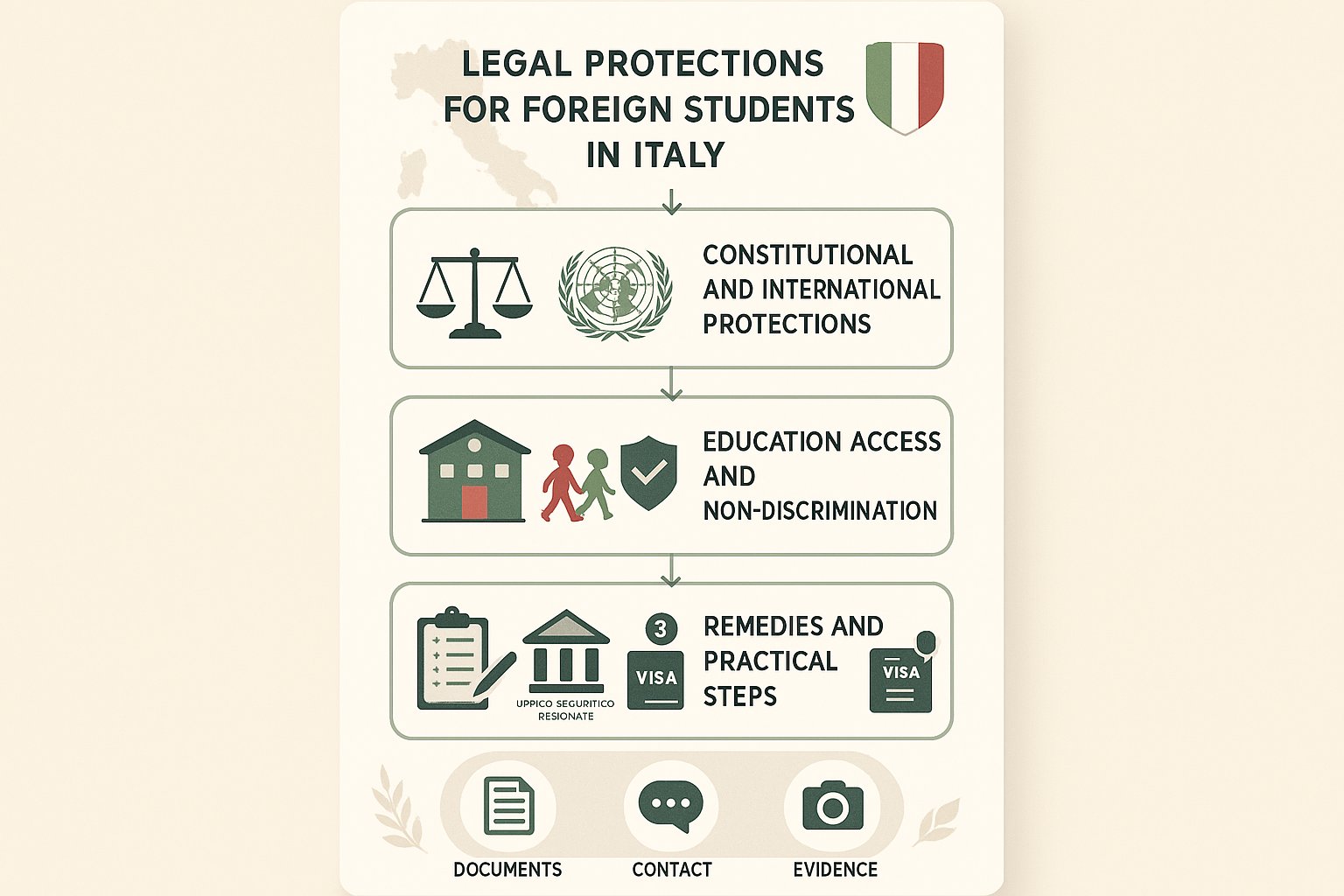 Infografica stratificata delle protezioni legali e dei rimedi per gli studenti stranieri in Italia.