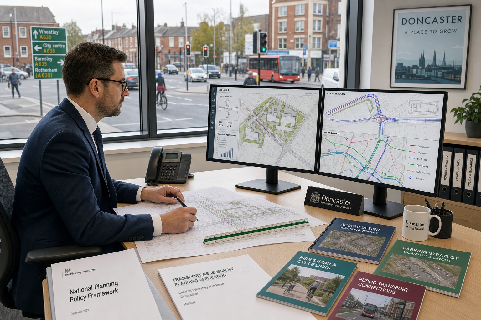 Traffic engineer reviewing planning and road access plans in a modern office.