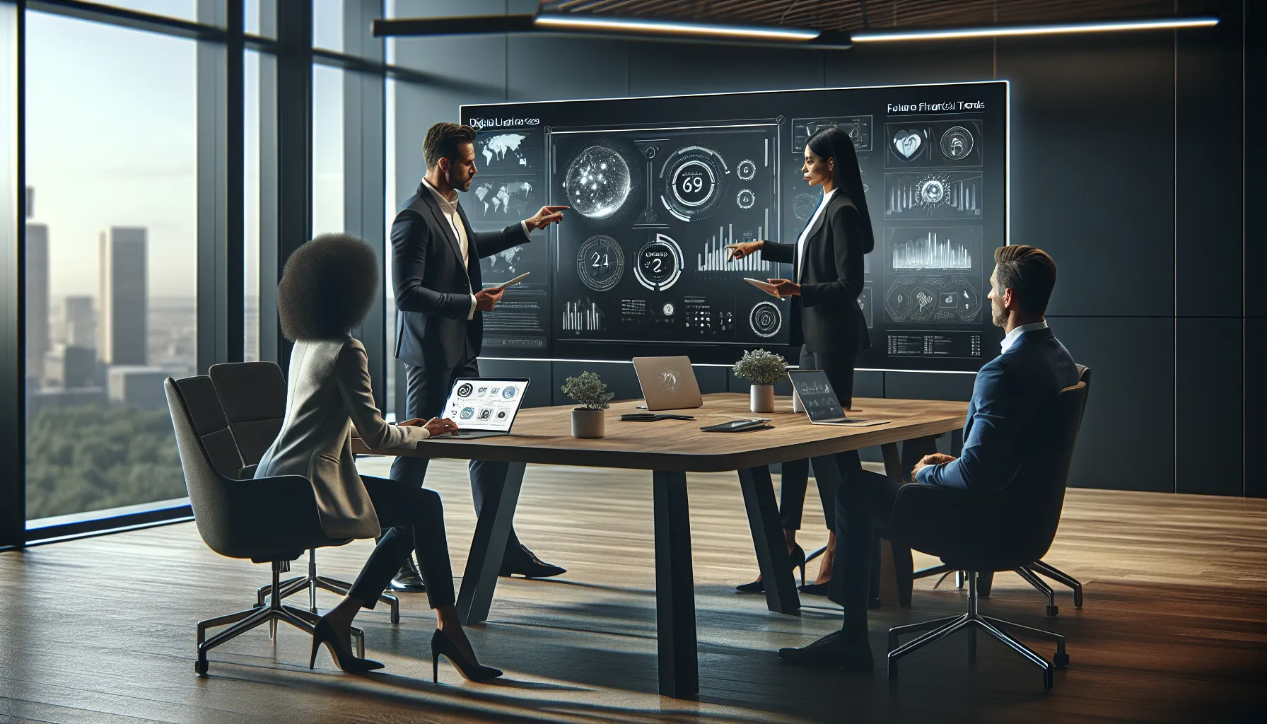 diverse team discussing fintech solutions in a modern office.