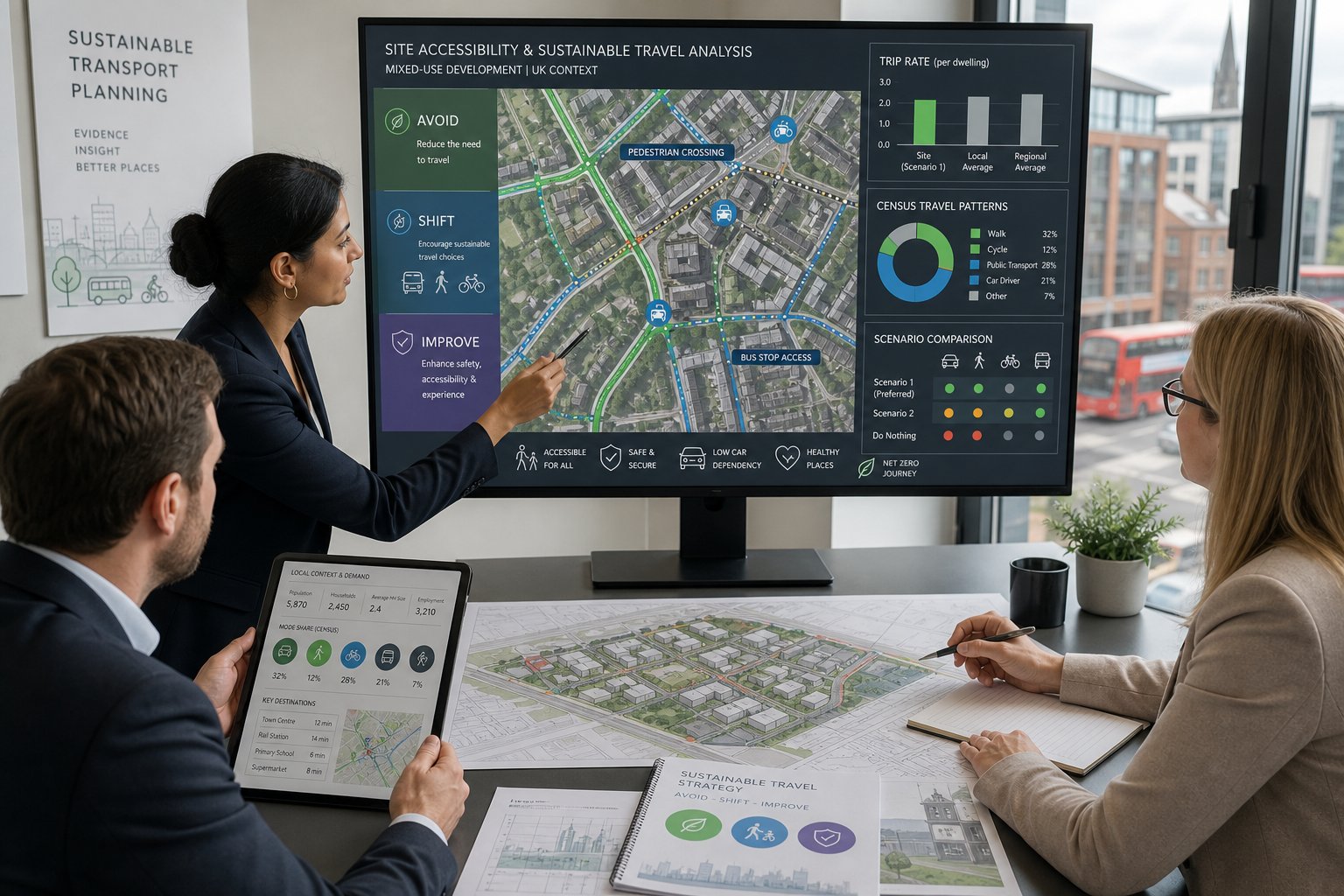 Transport consultants reviewing accessibility and travel data in a modern UK office.