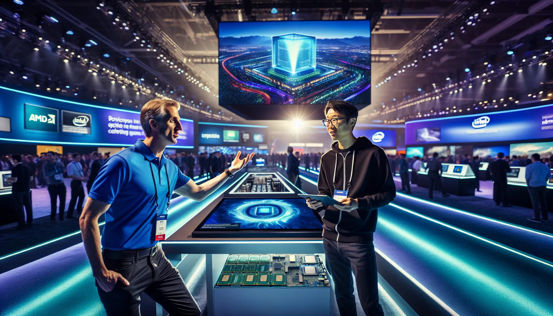engineers discussing AMD and Intel processors at a tech conference.