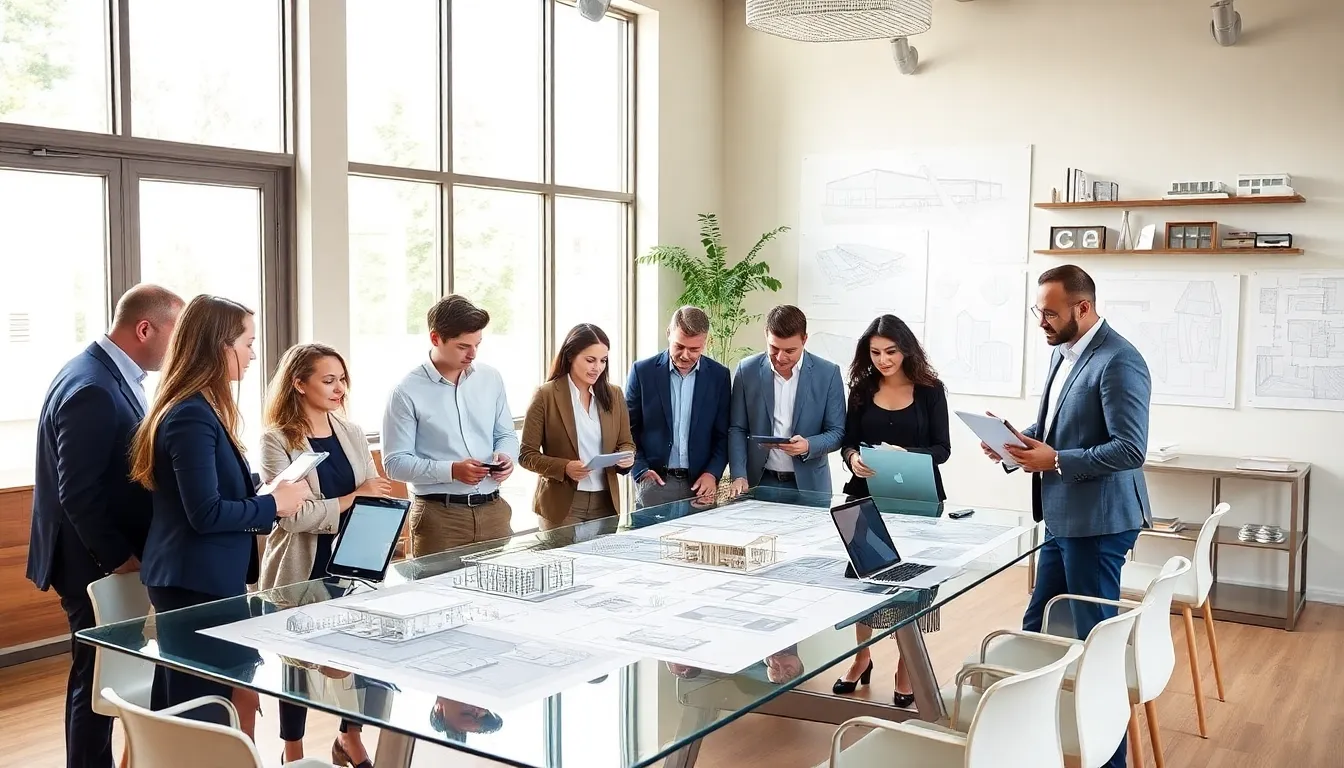 diverse architects collaborating in a modern design studio.