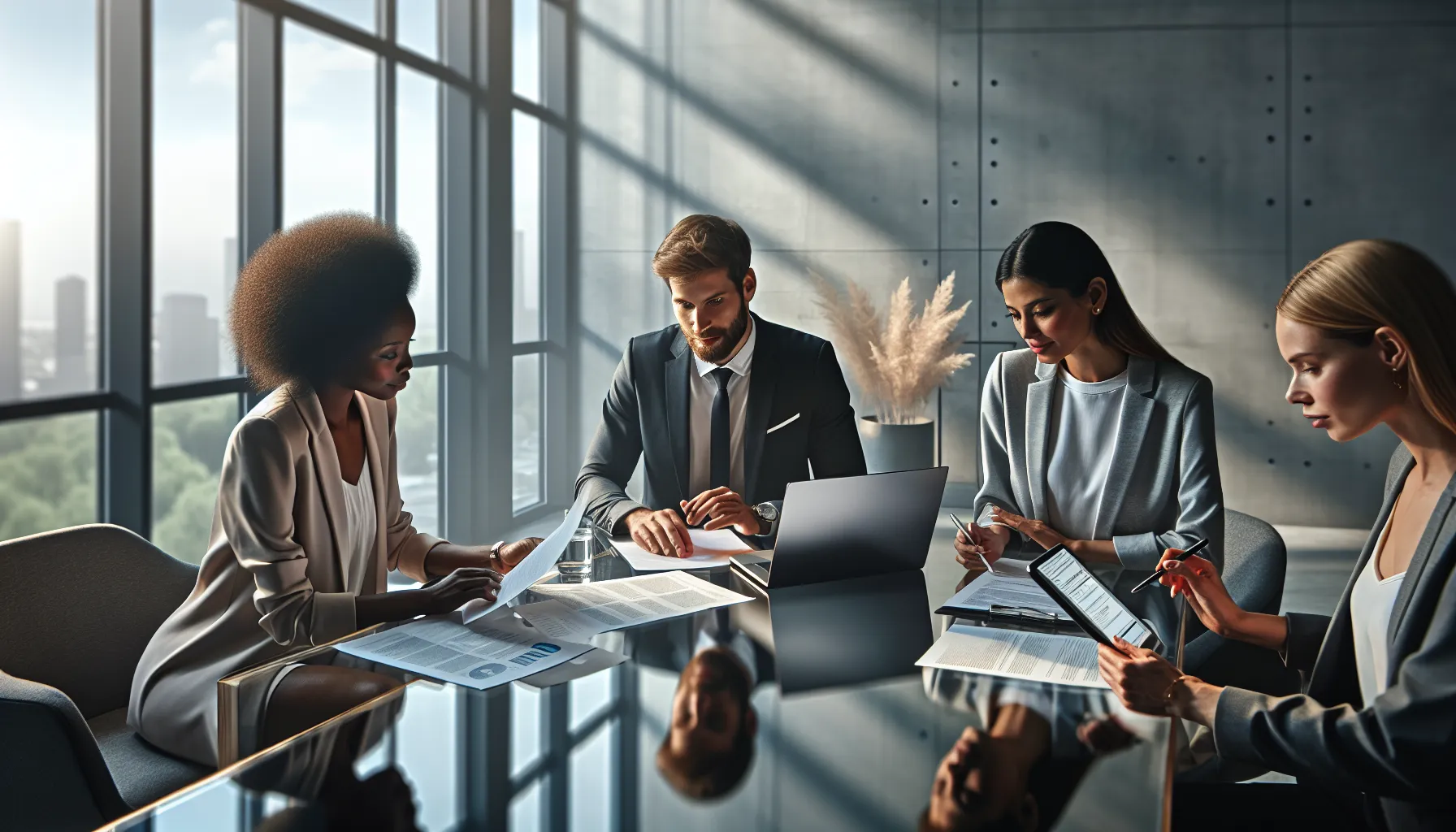 diverse professionals collaborating on a wcispv loan application in a modern office.