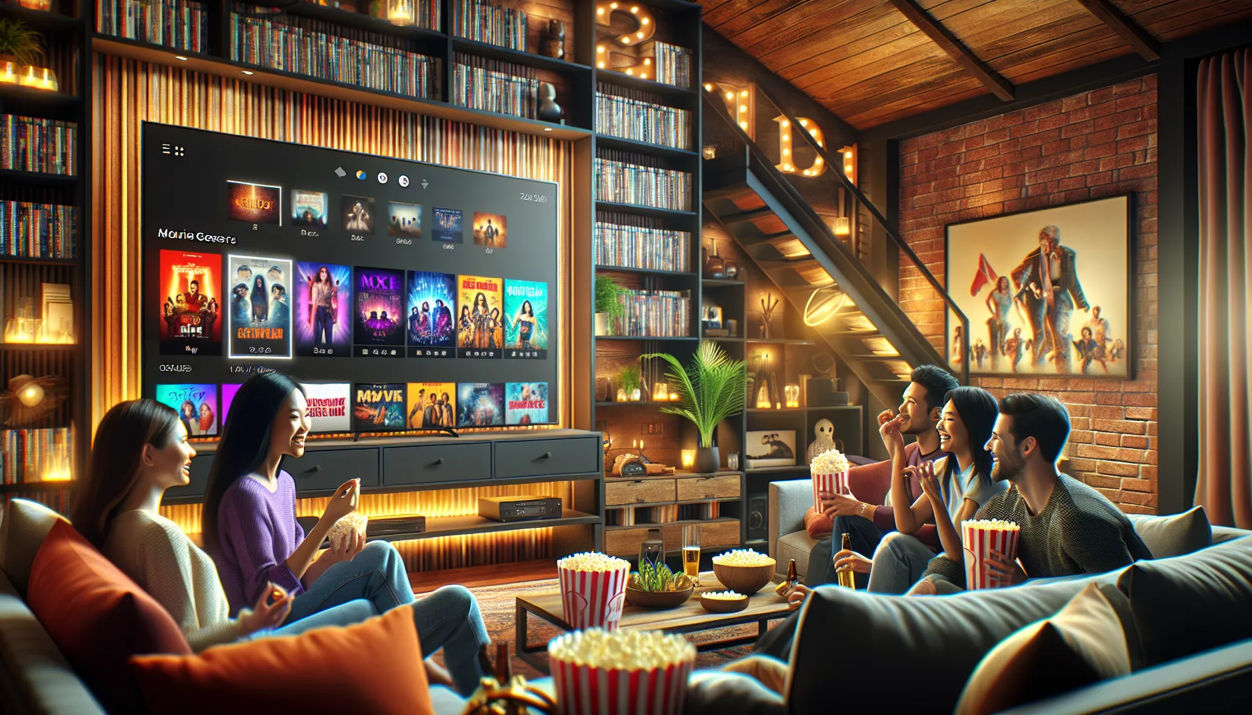 diverse group enjoying movies in a modern living room.