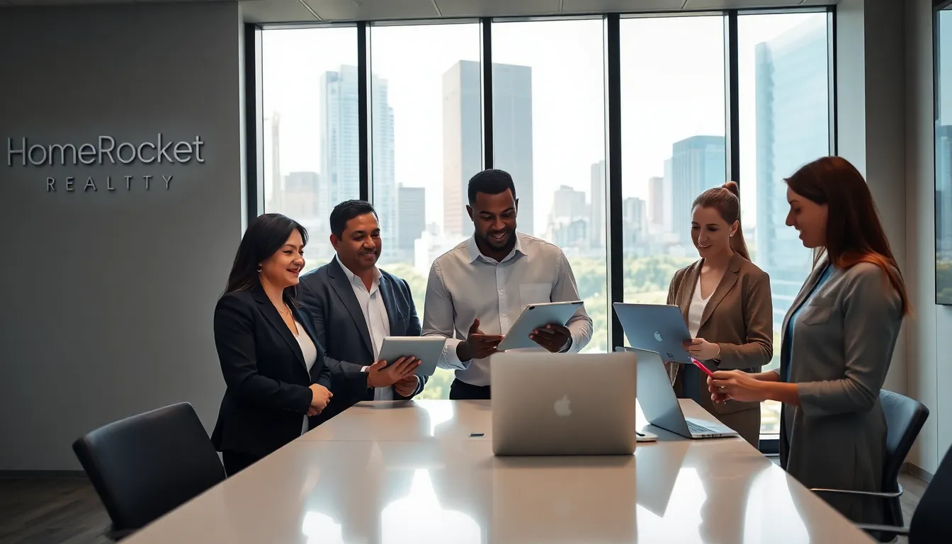 a diverse real estate team collaborating in a modern office setting.