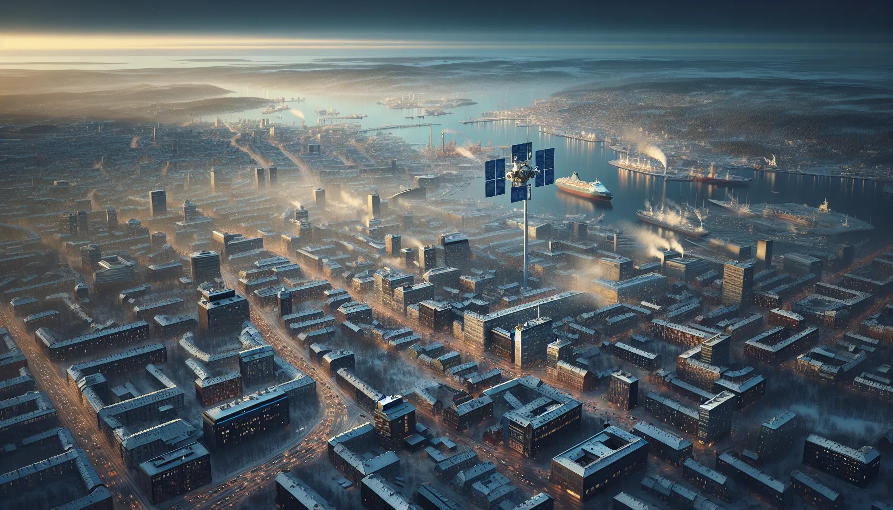 Satellite mapping air pollution across a norwegian city with limited ground stations visible.