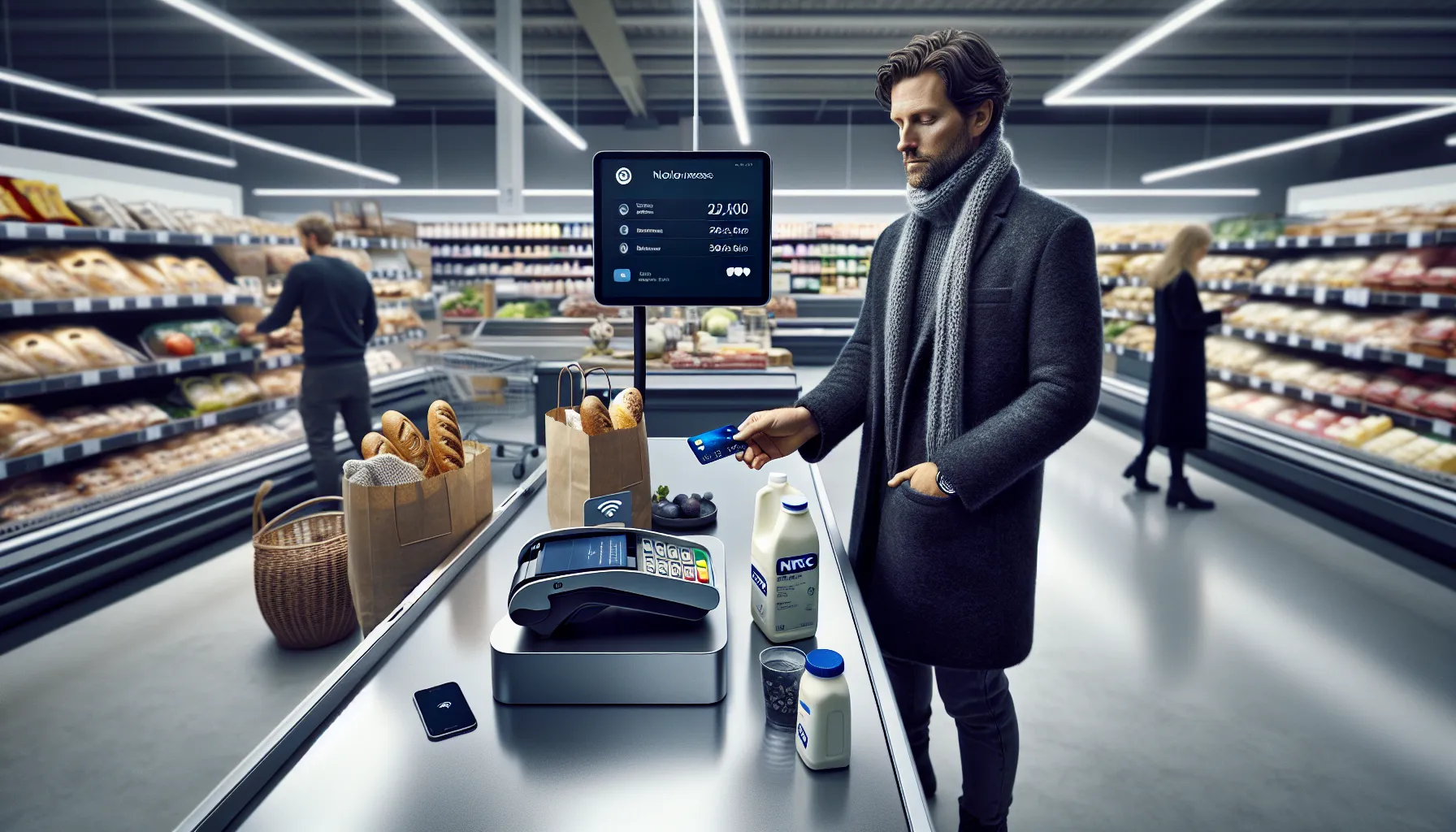 Man in norwegian supermarket paying contactless with credit card at nfc terminal.