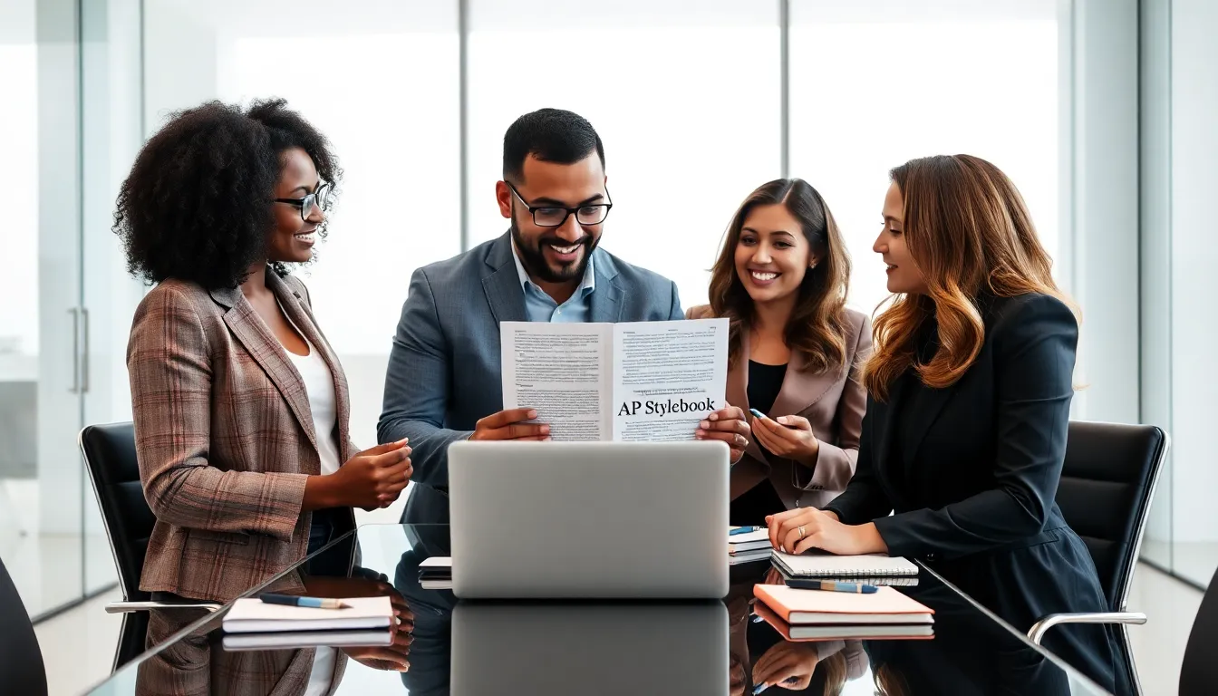 diverse professionals discussing the AP Stylebook in a modern office.