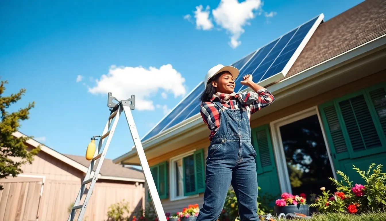 A woman installing solar panels on a house roof in a sunny backyard.