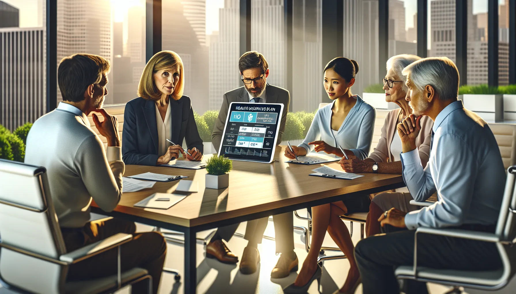 a diverse group discussing HMO and PPO health insurance plans in an office.