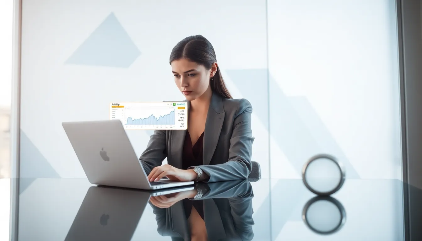 woman reviewing her Fidelity brokerage account in a modern office.