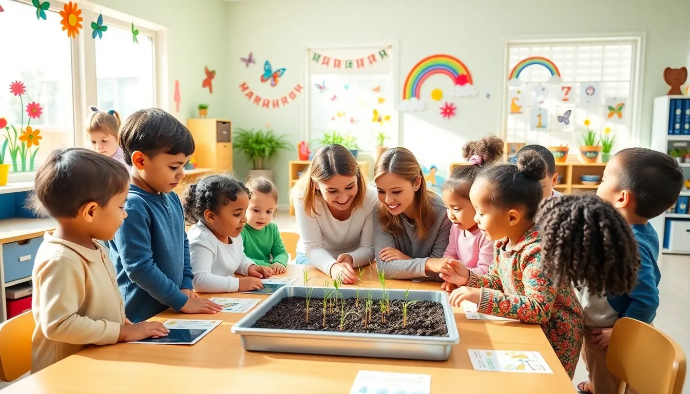 preschool children exploring spring-themed activities in a vibrant classroom.