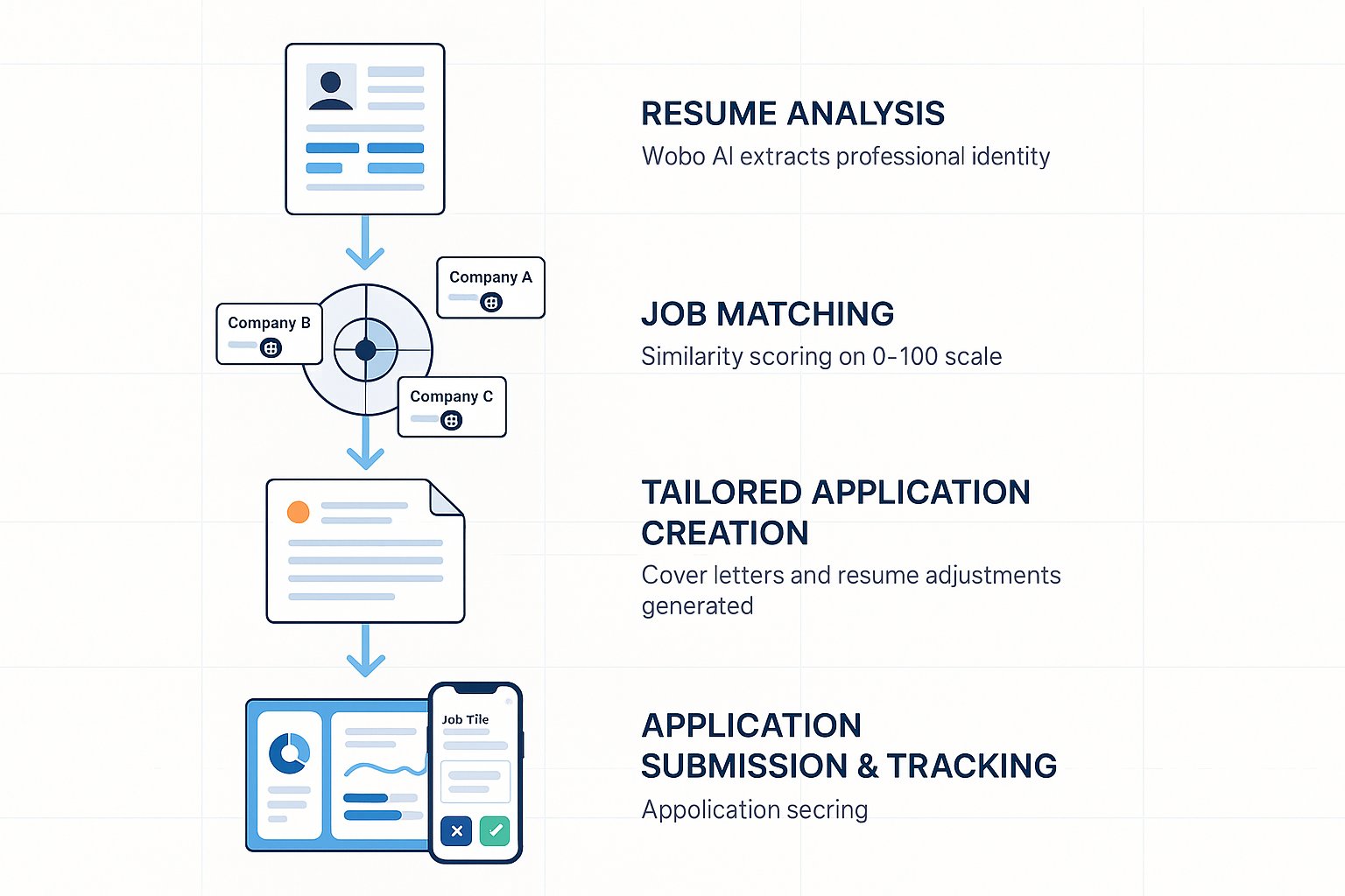Four-stage flowchart showing Wobo AI automated job search process from resume analysis to application tracking.
