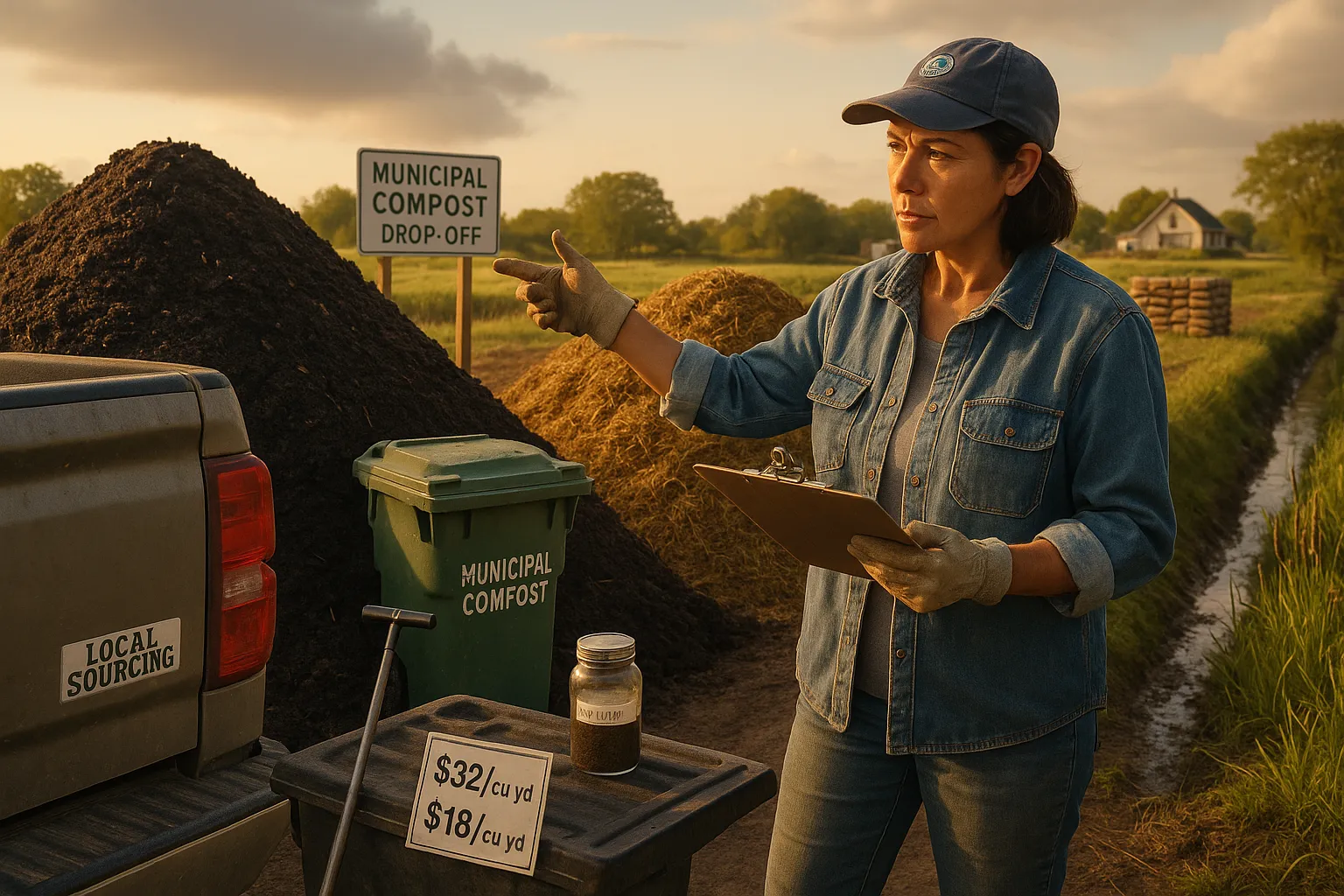Farmer comparing dark compost pile and strawy manure beside a drainage ditch.