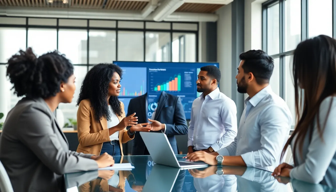 diverse team collaborating in a modern office with digital tools.