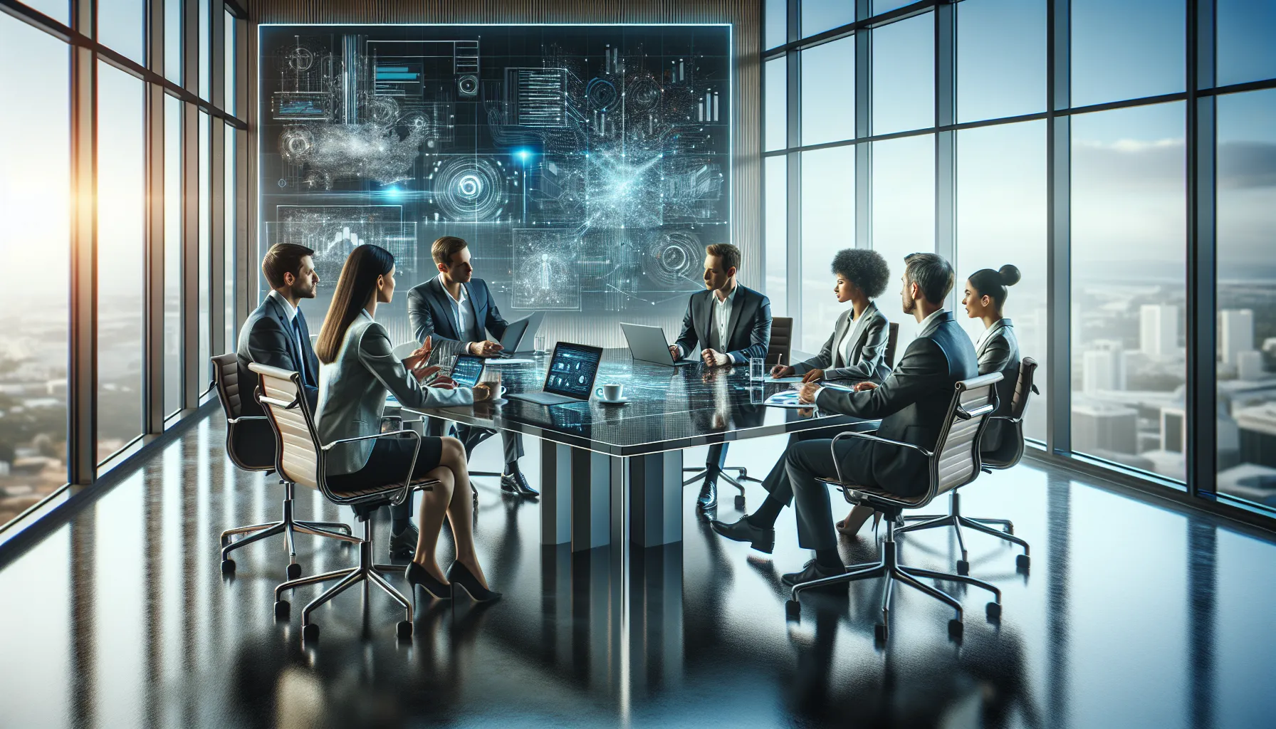 diverse team discussing technology in a modern office.