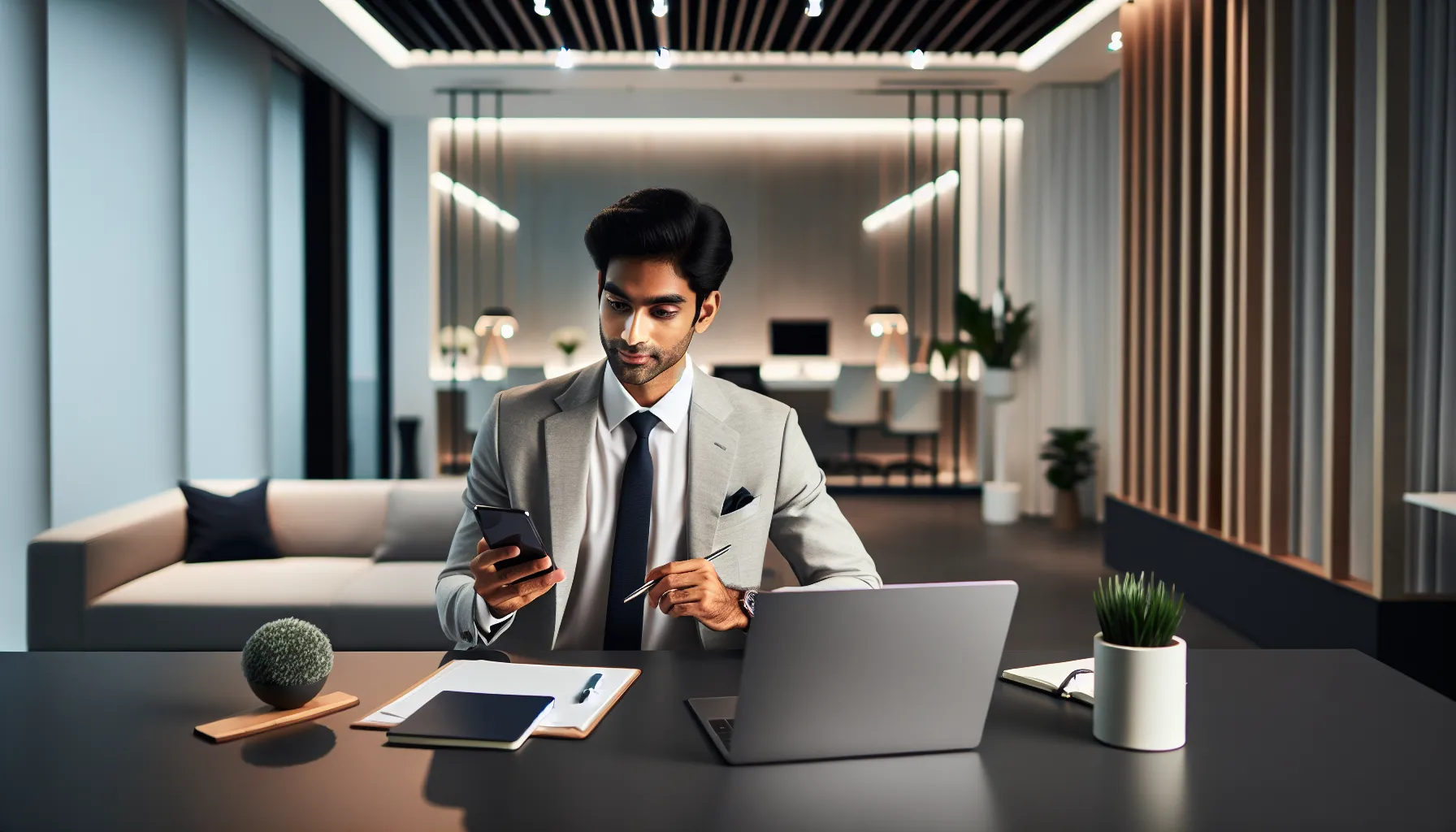 professional individual managing calls in a modern office.