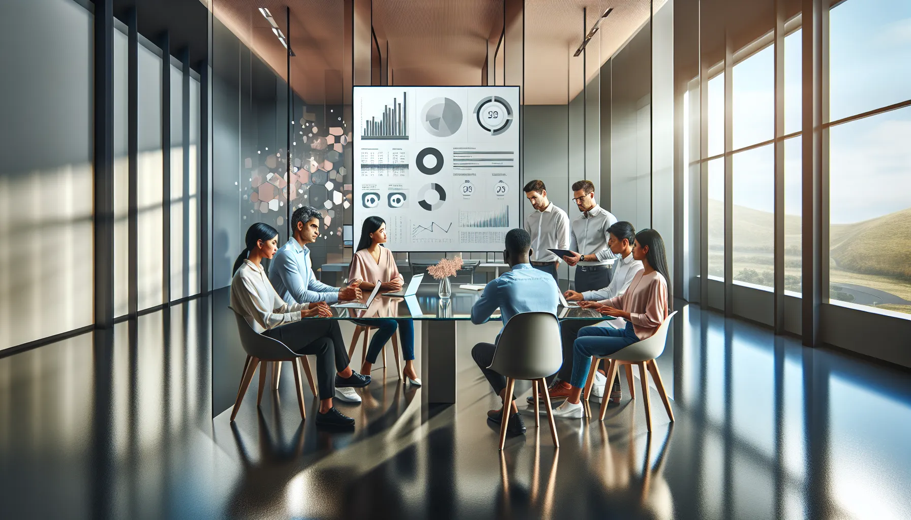 diverse team analyzing data in a modern office.