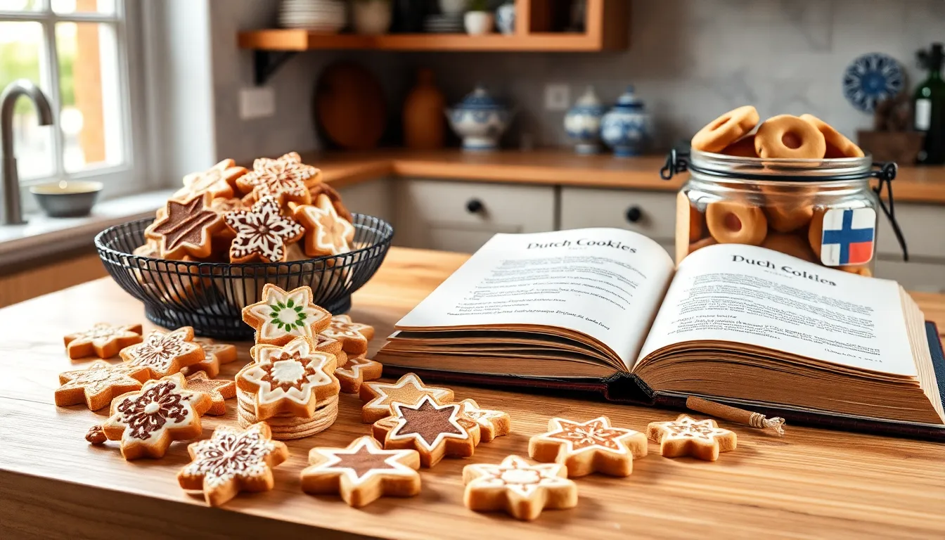 assortment of Dutch cookies on a wooden countertop in a modern kitchen.