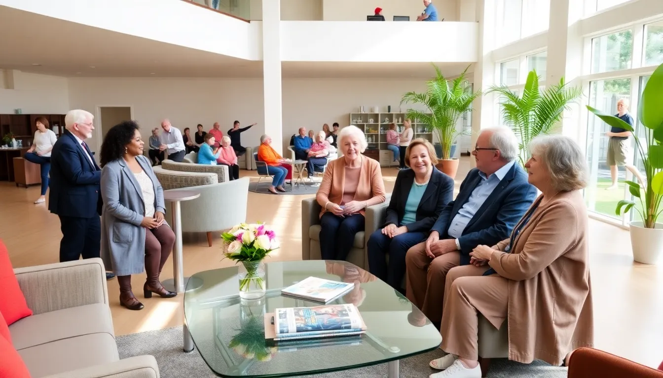 seniors socializing in a modern retirement home lounge.
