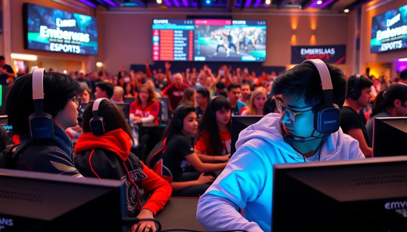 diverse gamers competing in an esports arena.