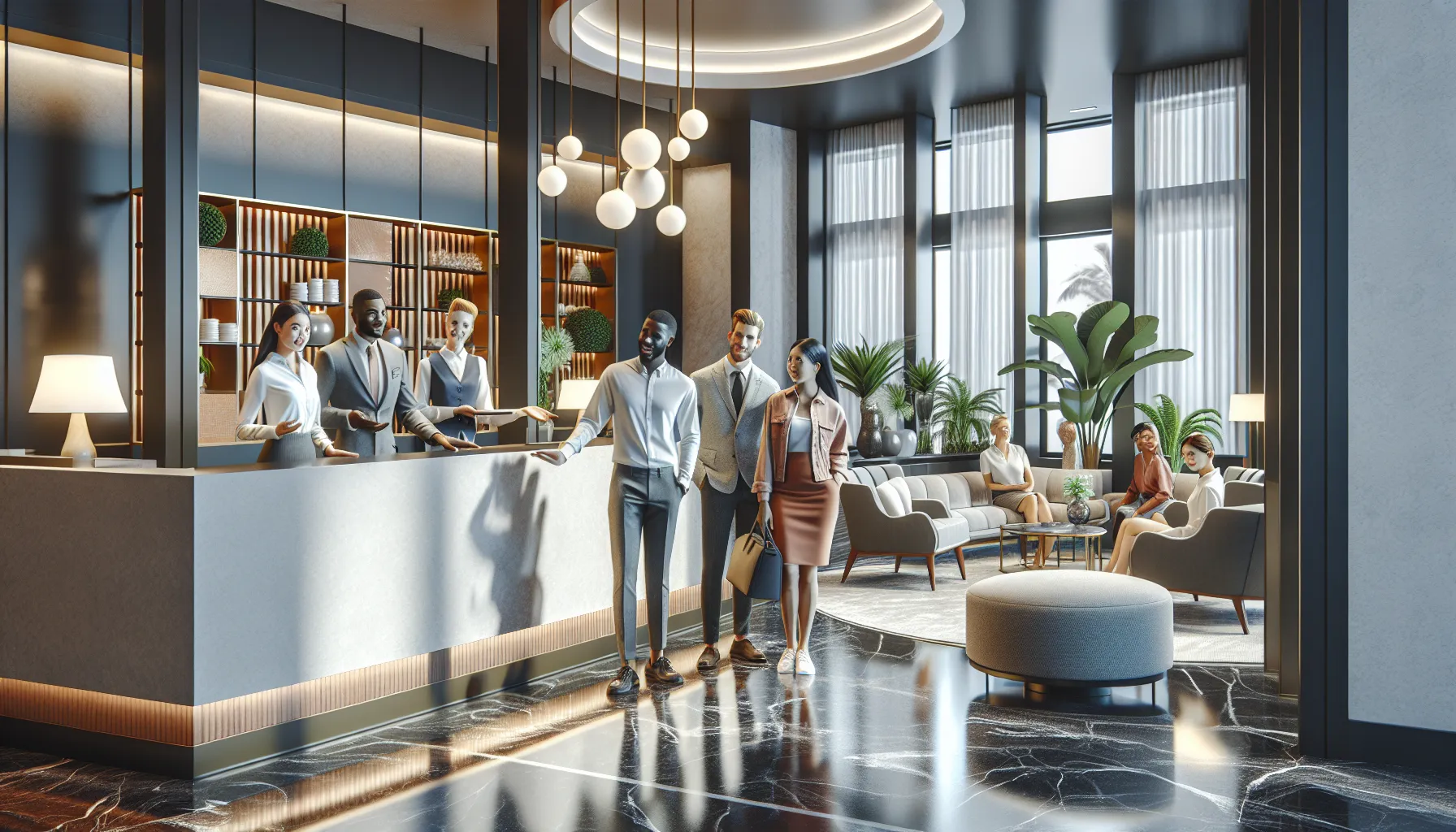 diverse travelers interacting with hotel staff in a welcoming lobby.