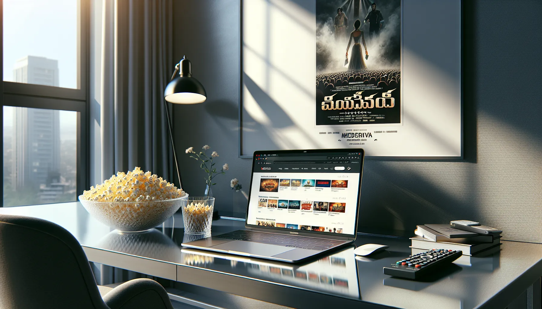 laptop displaying Moviezwap.org in a cozy home office setting.