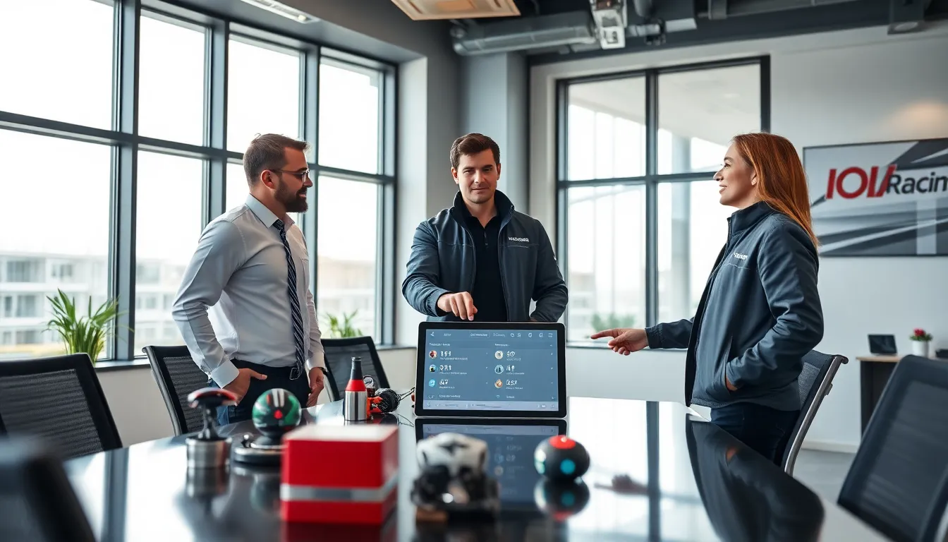 diverse team discussing racing strategies in a modern office.